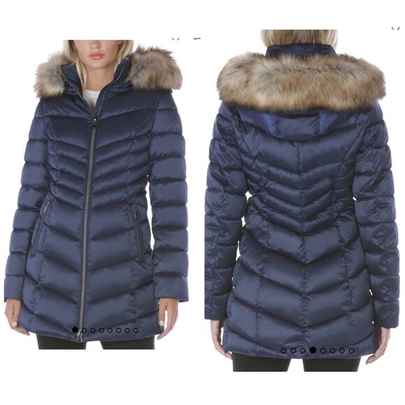 NWT INC International Concepts Faux-Fur Trim Hooded Puffer Co Royal blue S - Picture 6 of 16